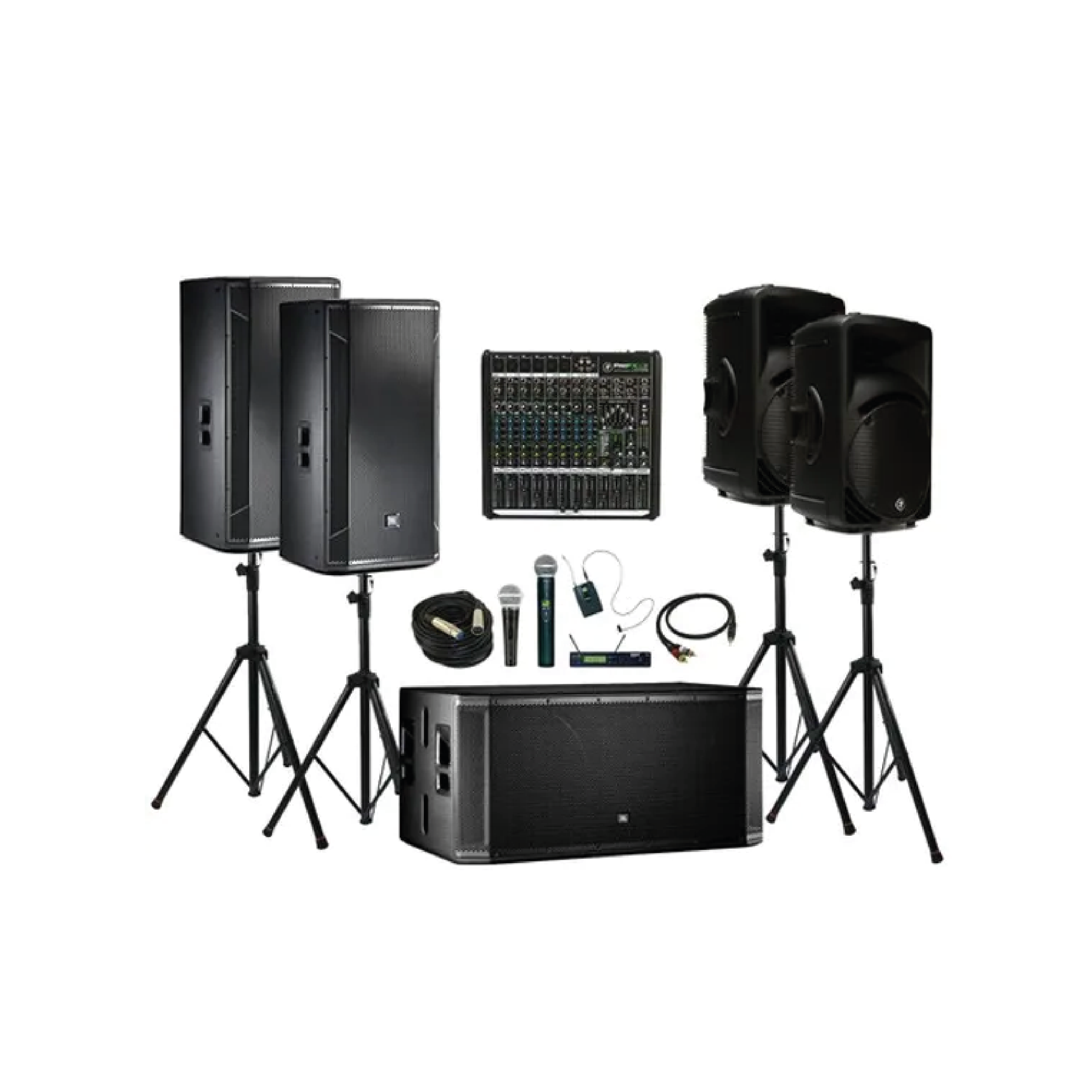 Kit Reunião caixas ativas 500w + mesa de som + 2 microfones